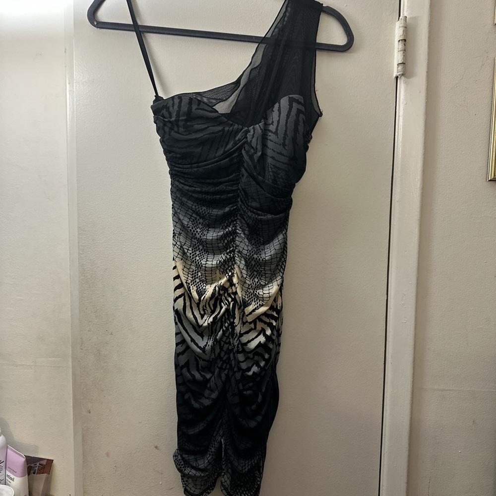 Arden B one shoulder dress with mesh overlay